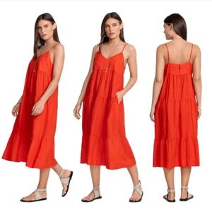 NWT Johnny Was Calme Linen Lollipop Red Tiered Midi Dress Size Small